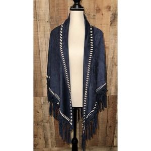 Pre-owned Blue Faux Suede Shawl/Wrap With Fringe, One Size